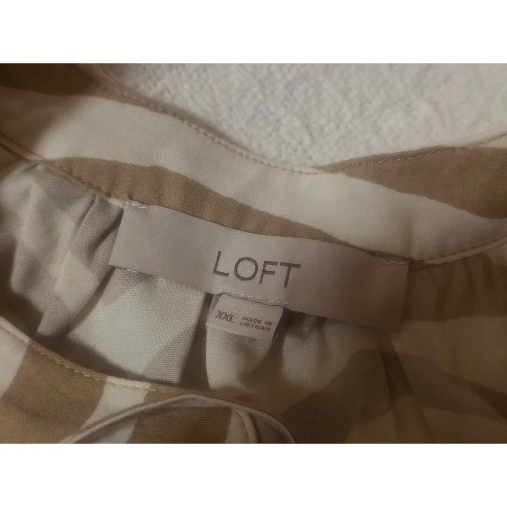 LOFT Tan White Zebra Print Puff Sleeve Tie Neck Blouse XXL